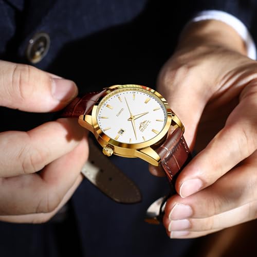 Thumbnail 7 de LIGE Mens Watches Waterproof Analogue Vintage Quartz with Date, Brown Leather – Gold/White