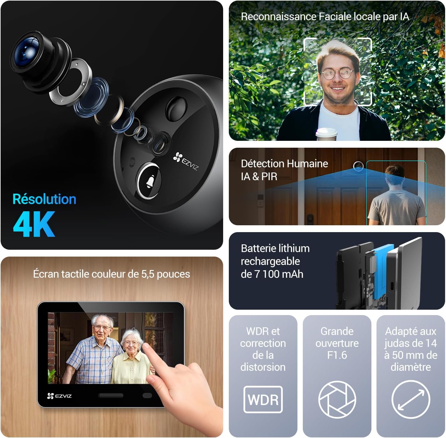 Thumbnail 1 de EZVIZ 4K Judas de porte connecté EP4 argent (écran tactile 5,5", IA visage, batterie 7100 mAh)