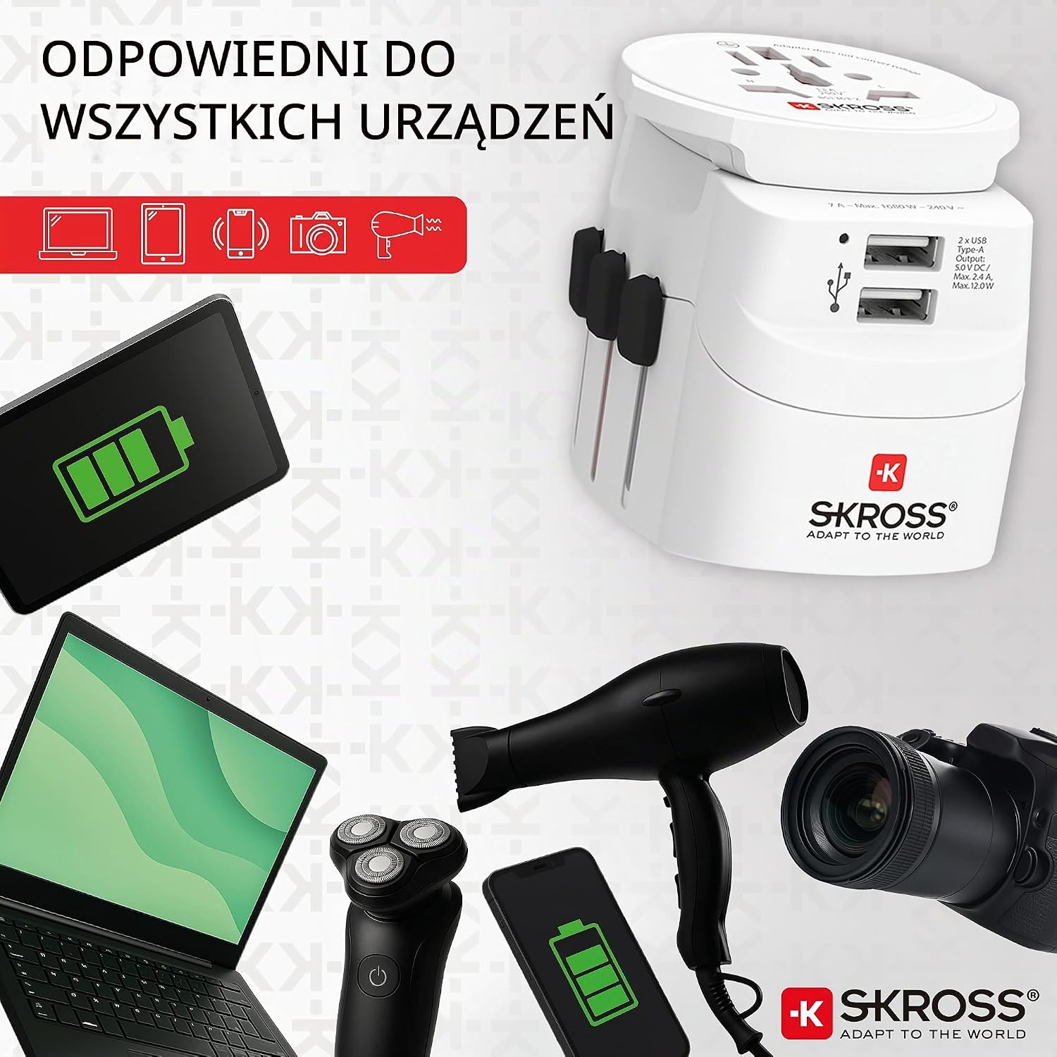 Detalle de SKROSS PRO Light USB (2xA) – 3-biegunowy adapter podróżny z 2 portami USB