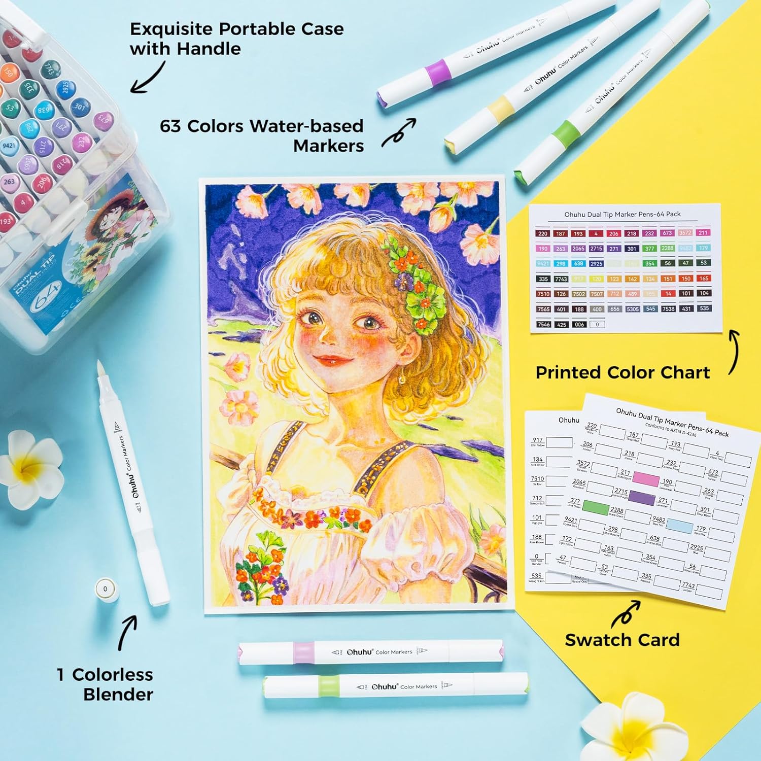 Thumbnail 4 de Ohuhu Water-Based Markers, 64 Colours Dual Tip (Brush & Fine) for Drawing, Manga, Calligraphy and Colouring