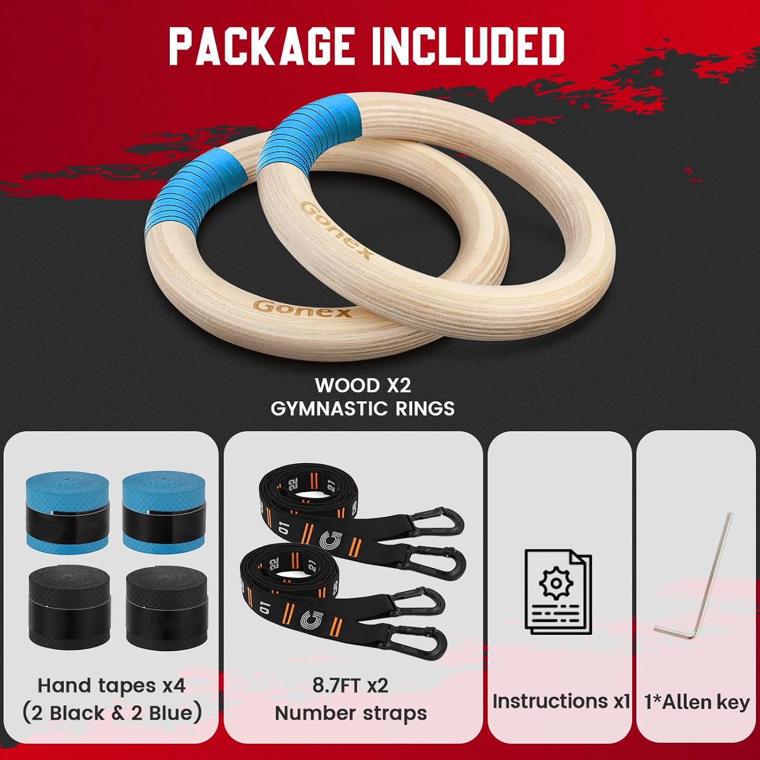 Detalle 2 de Gonex wooden gymnastic rings, birch wood