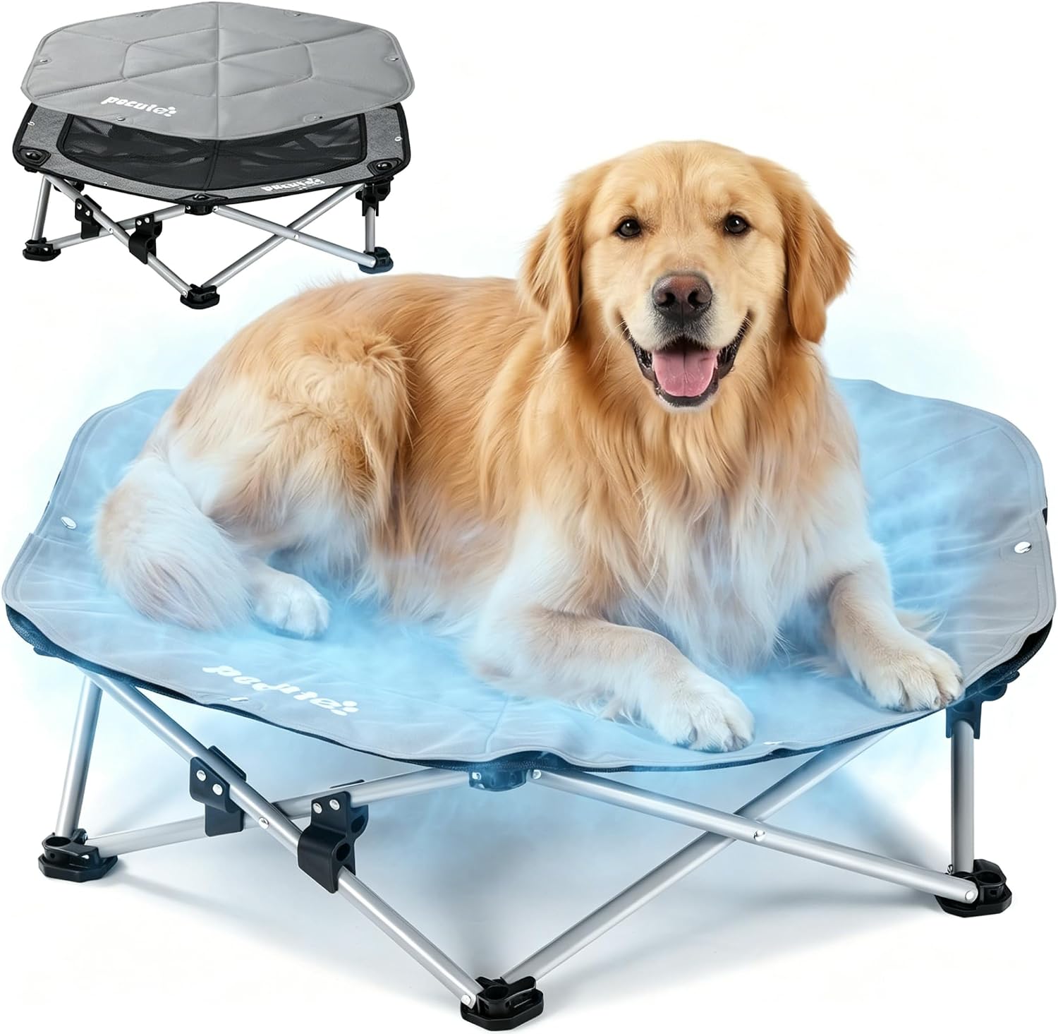 Detalle de Pecute Outdoor Hundeliege erhöht mit Kühlmatte – Selbstkühlend, faltbar, 60 kg Tragfähigkeit, Grau