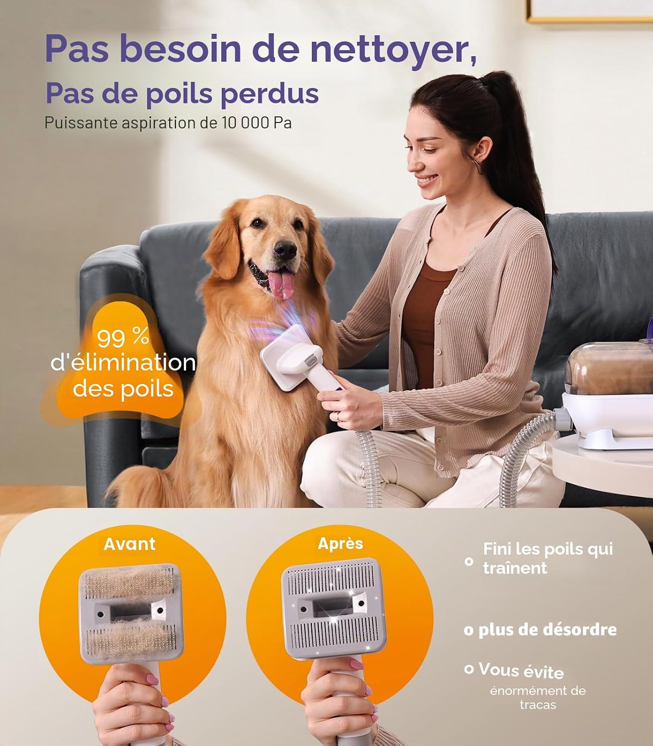Detalle 2 de Oneisall Aspirateur pour Chiens avec Brosse — 4 en 1, silincieux et pratique