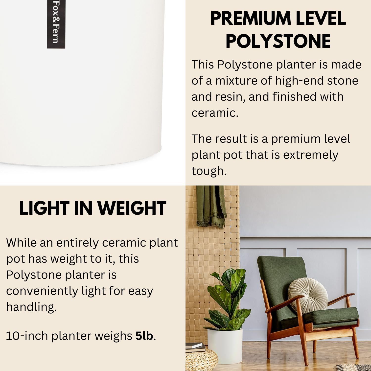 Detalle 2 de Fox & Fern TOPL-GMDG-B248 Planter M, White Fibrestone Pot with Water Reservoir