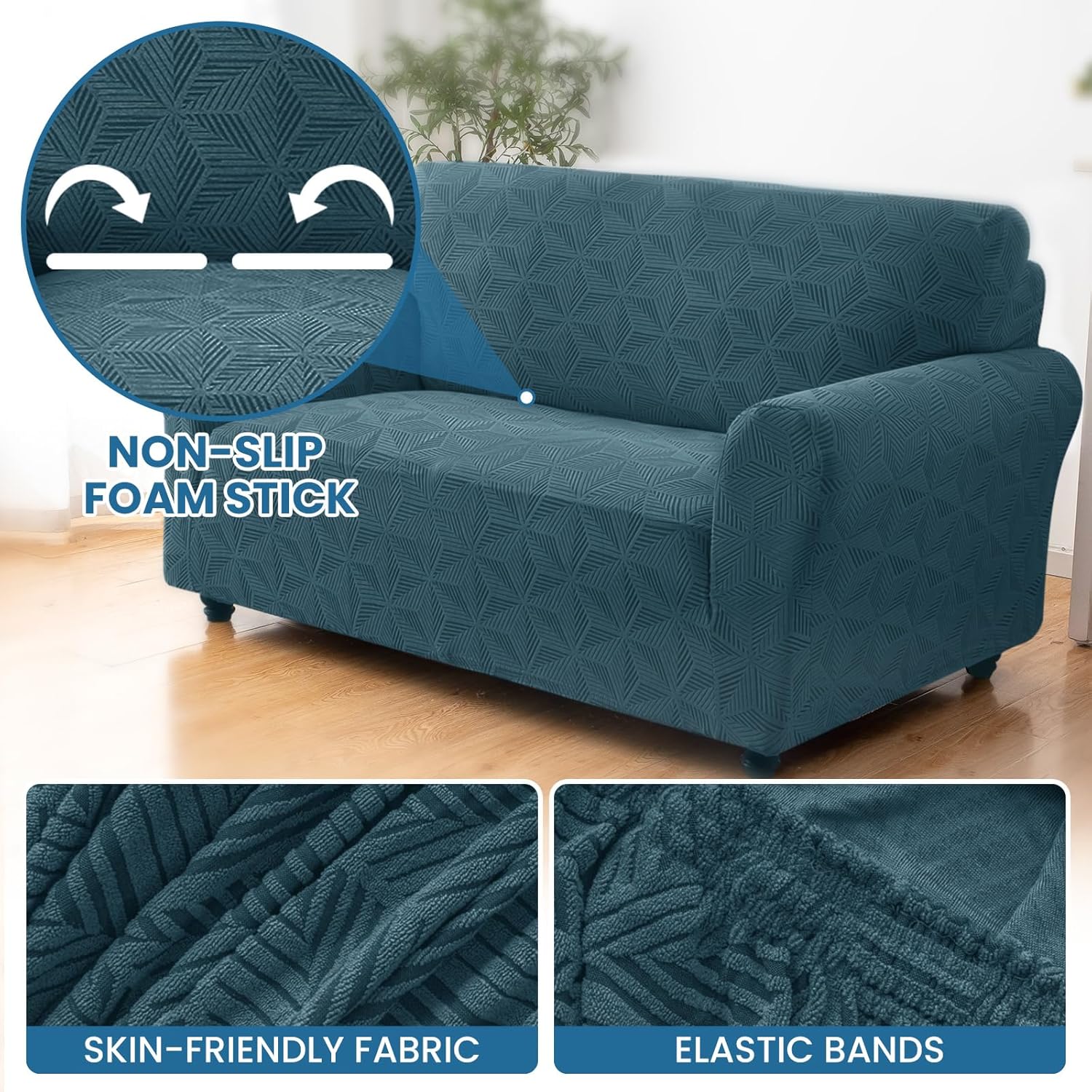 Thumbnail 4 de Ystyle Housse de canapé 2 places extensible avec accoudoirs – tissu antidérapant lavable bleu paon