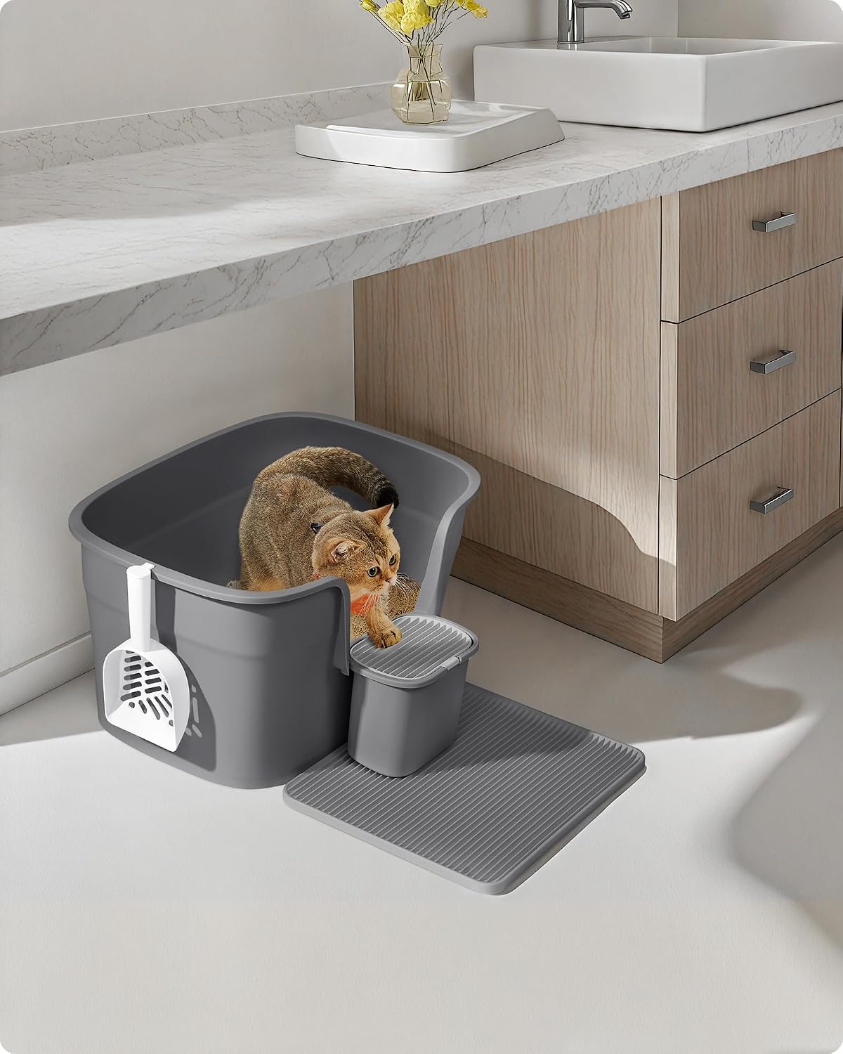 Thumbnail 1 de Feandrea BOXAL PPT003G02 extra grote open kattenbak, hoogzijdig, leigrijs