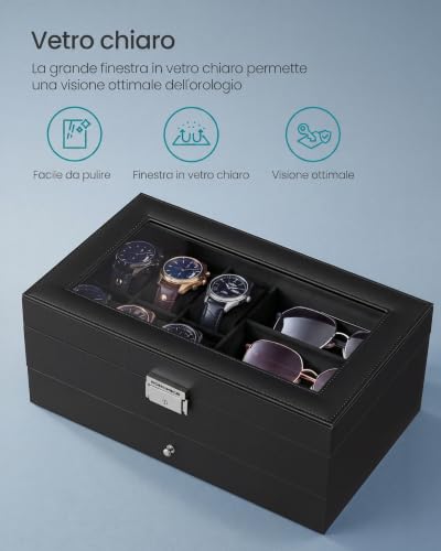 Detalle de SONGMICS Porta Orologi, 6 Posti, con Cassetto e Coperchio in Vetro – Organizzazione elegante per tuo stile