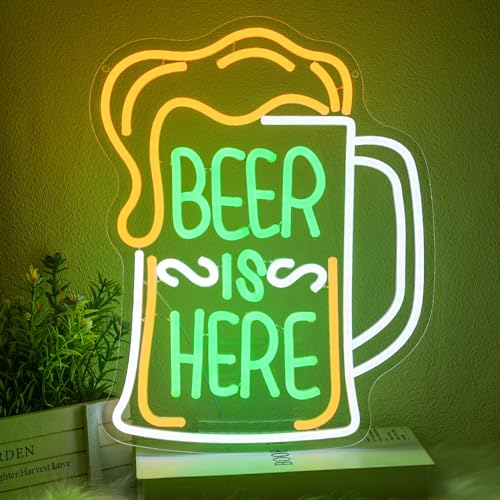 Detalle de LMSIGNLY Beer Is Here Neon Schild – LED-Neon Wanddekoration für Bar, Zuhause und Partys