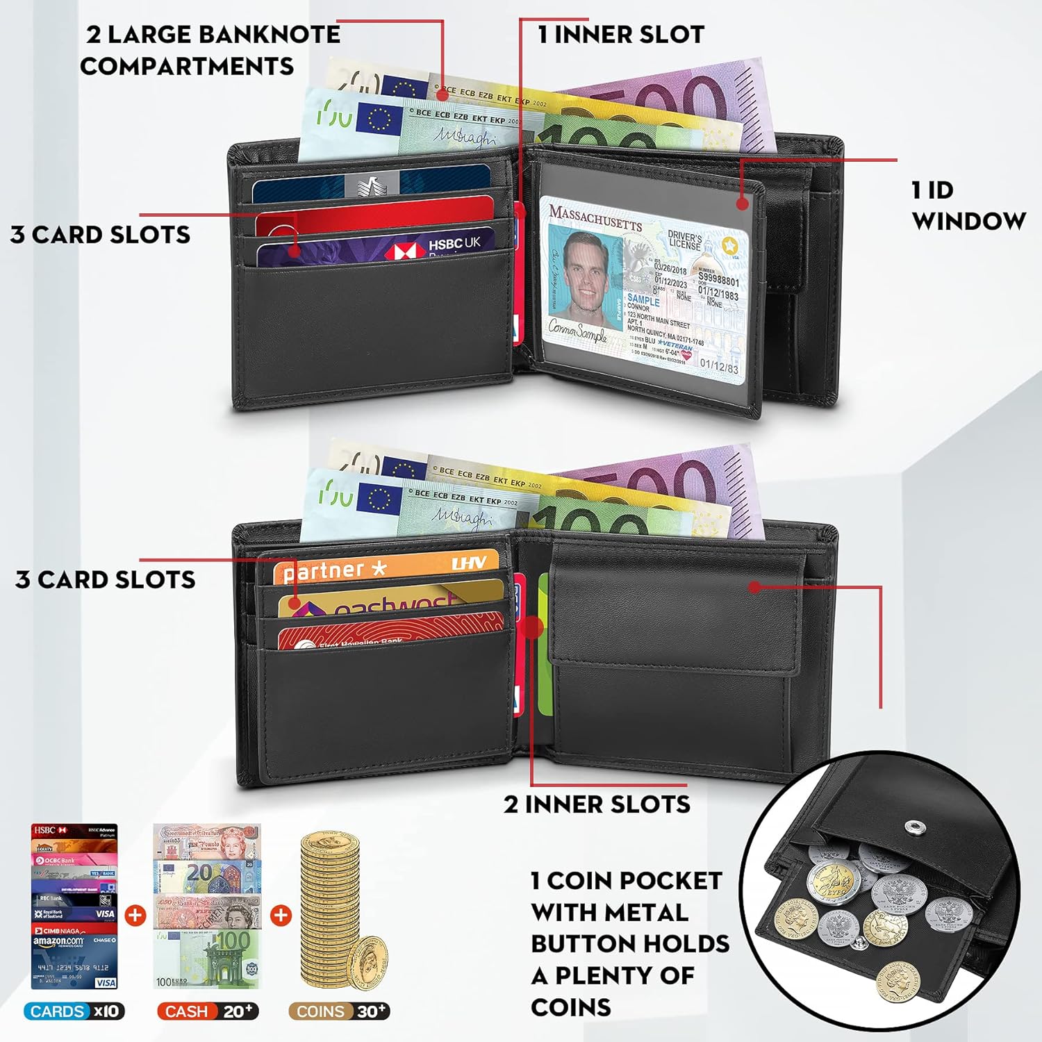 Thumbnail 1 de WONSEFOO Portefeuille Homme en Cuir avec Blocage RFID – Noir, 10 Porte‑Cartes, 2 Compartiments Billets et Grande Poche Monnaie