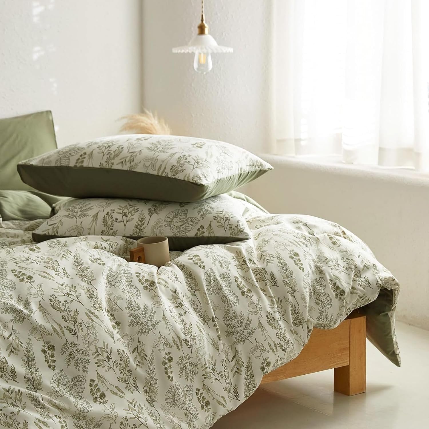 Thumbnail 6 de Tospass Housse de couette 220x240 cm microfibre vert olive à fleurs avec fermeture éclair et 2 taies 65x65 cm
