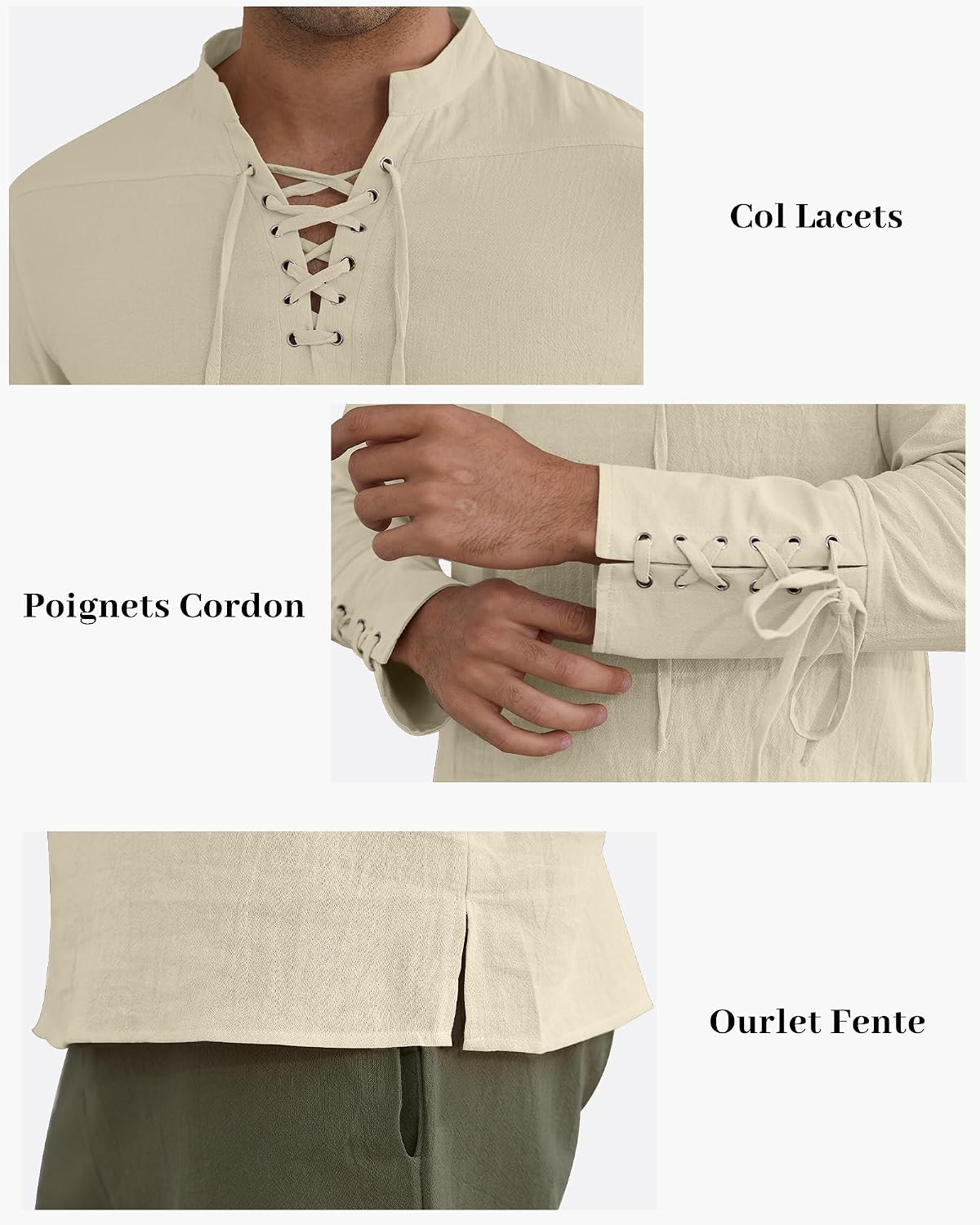 Detalle de Chemise médiévale à lacets en lin coton pour homme – YAOBAOLE