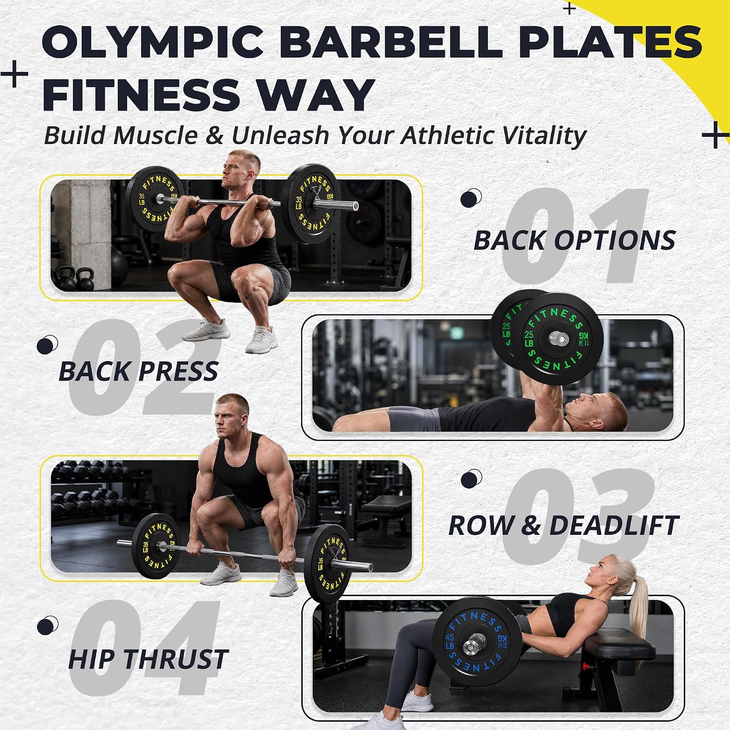 Detalle 2 de HULKFIT HFCLR100SETBAR Olympic Bumper Plate Set with 7ft Bar, 100–390 lb