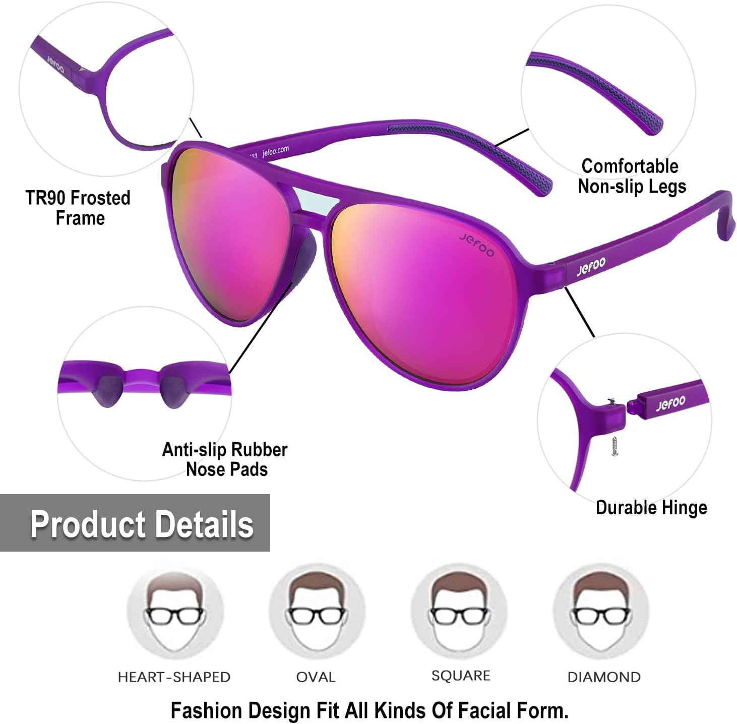 Detalle 1 de Jefoo Polarized Aviator Sunglasses, Purple Mirrored Lenses, UV400