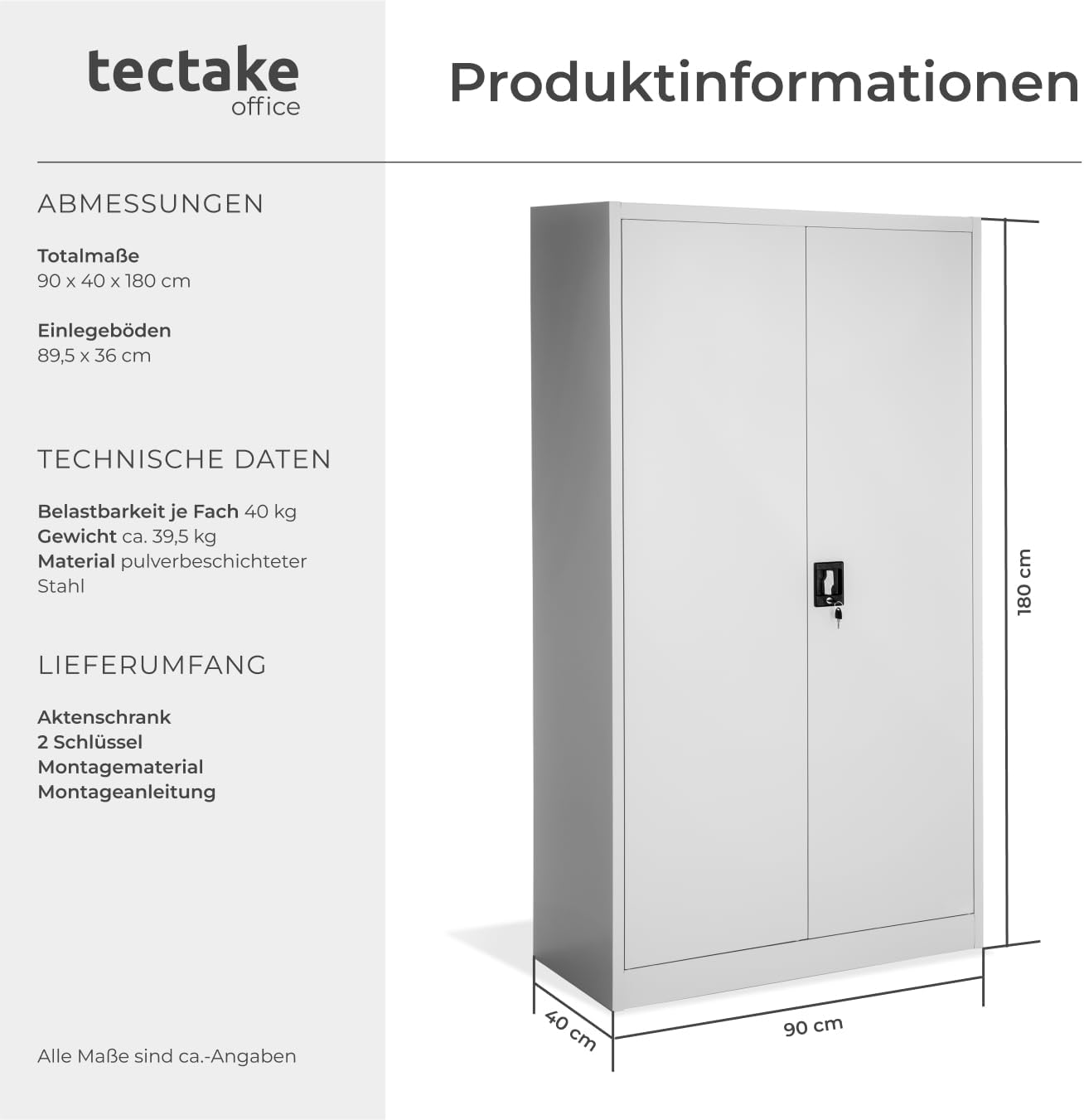 Thumbnail 2 de tectake® Aktenschrank abschließbar (180 x 90 x 40 cm) mit 2 Türen und 5 höhenverstellbaren Einlegeböden – grau