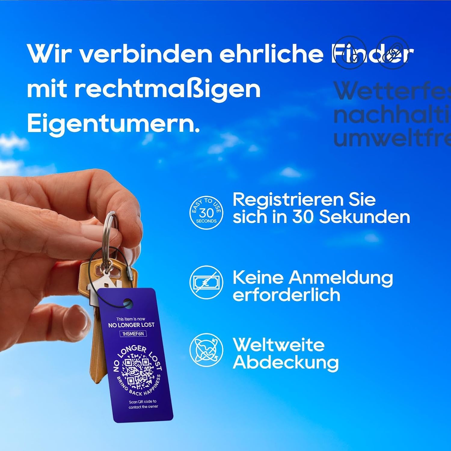 Thumbnail 1 de NO LONGER LOST – Bring Back Happiness: Smart Schlüsselanhänger mit QR-Code (Teslin, 5,3 × 2,5 cm)