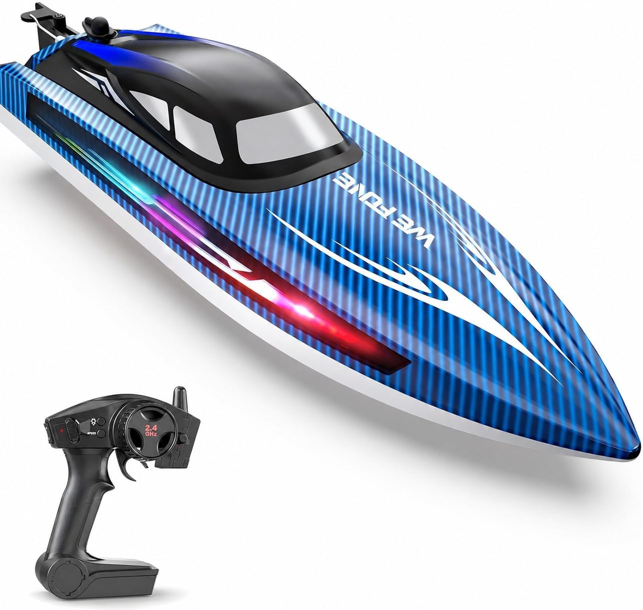 WeFone RC Boot für Kinder – 2,4 GHz Ferngesteuertes Boot mit LED-Lichtern, 24 km/h, 40 Minuten Spielzeit