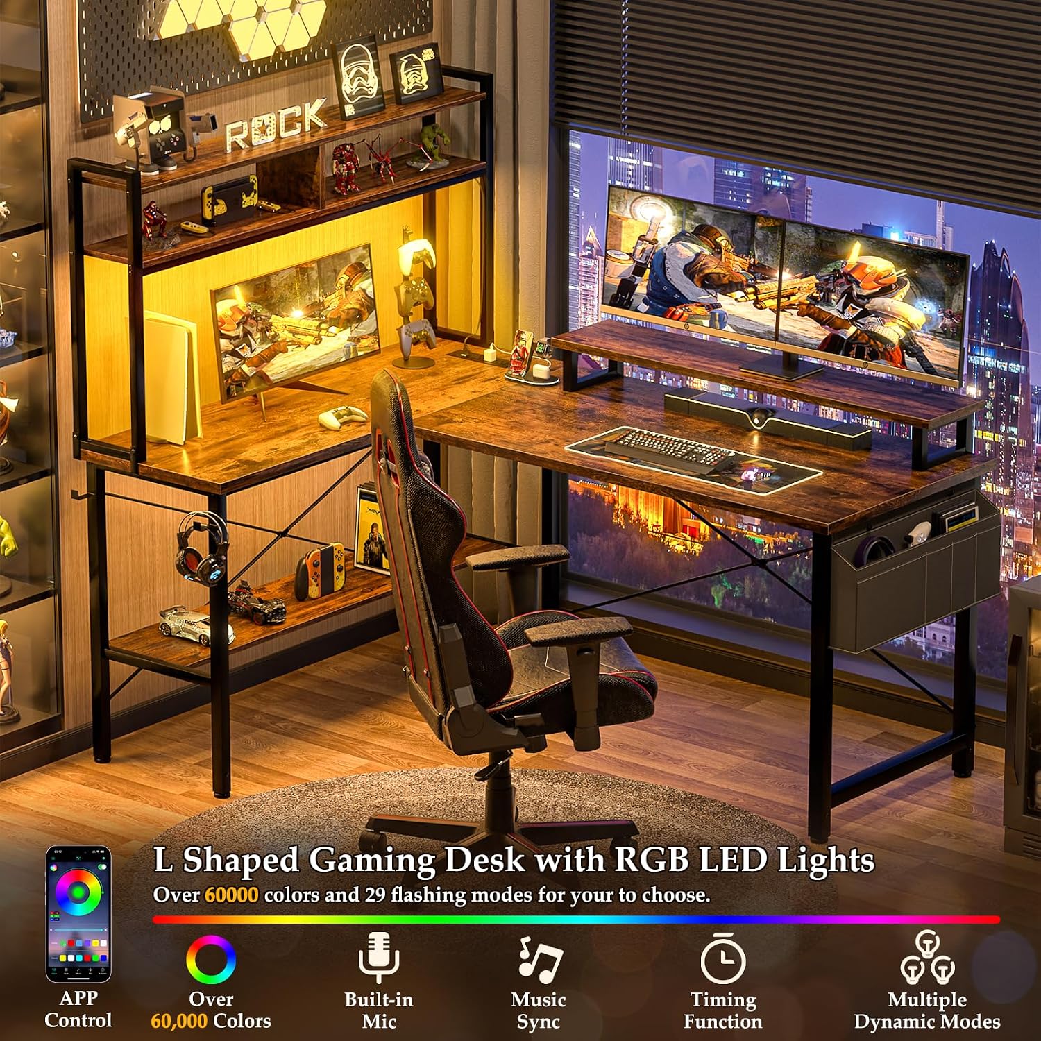 Detalle de iSunirm L-Shaped Gaming Desk with Power Outlets & LED Lights – Brown