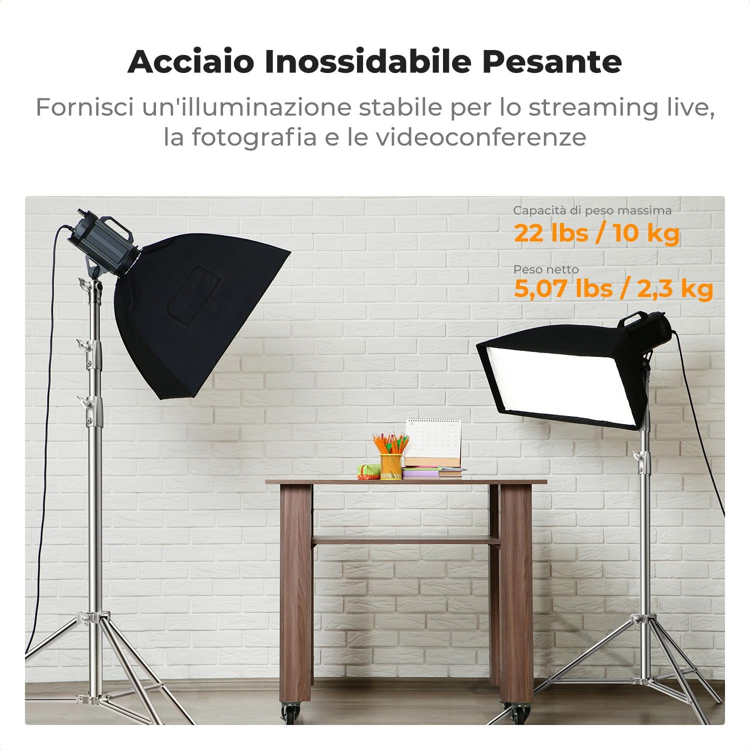 Detalle de K&F CONCEPT Spring Light Stand 280 cm in acciaio inossidabile: supporto per luci fotografica pieghevole con filettature 1/4" e 3/8