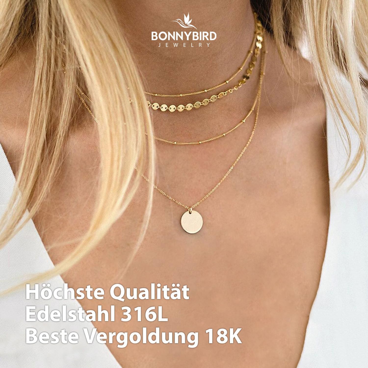 Detalle de BONNYBIRD BonnyDots Wasserfeste Edelstahl-Halskette für Damen – 100% wasserfest, nickelfrei & einstellbar (38–43 cm)