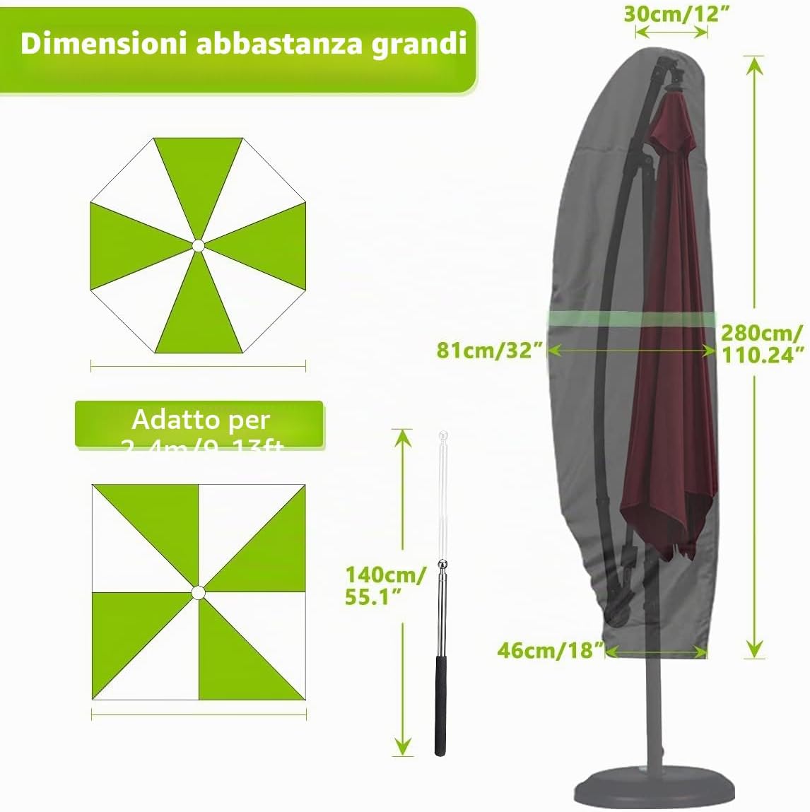 Detalle 2 de GEMITTO copertura protettiva per ombrellone impermeabile con cerniera, diametro 2-4 m