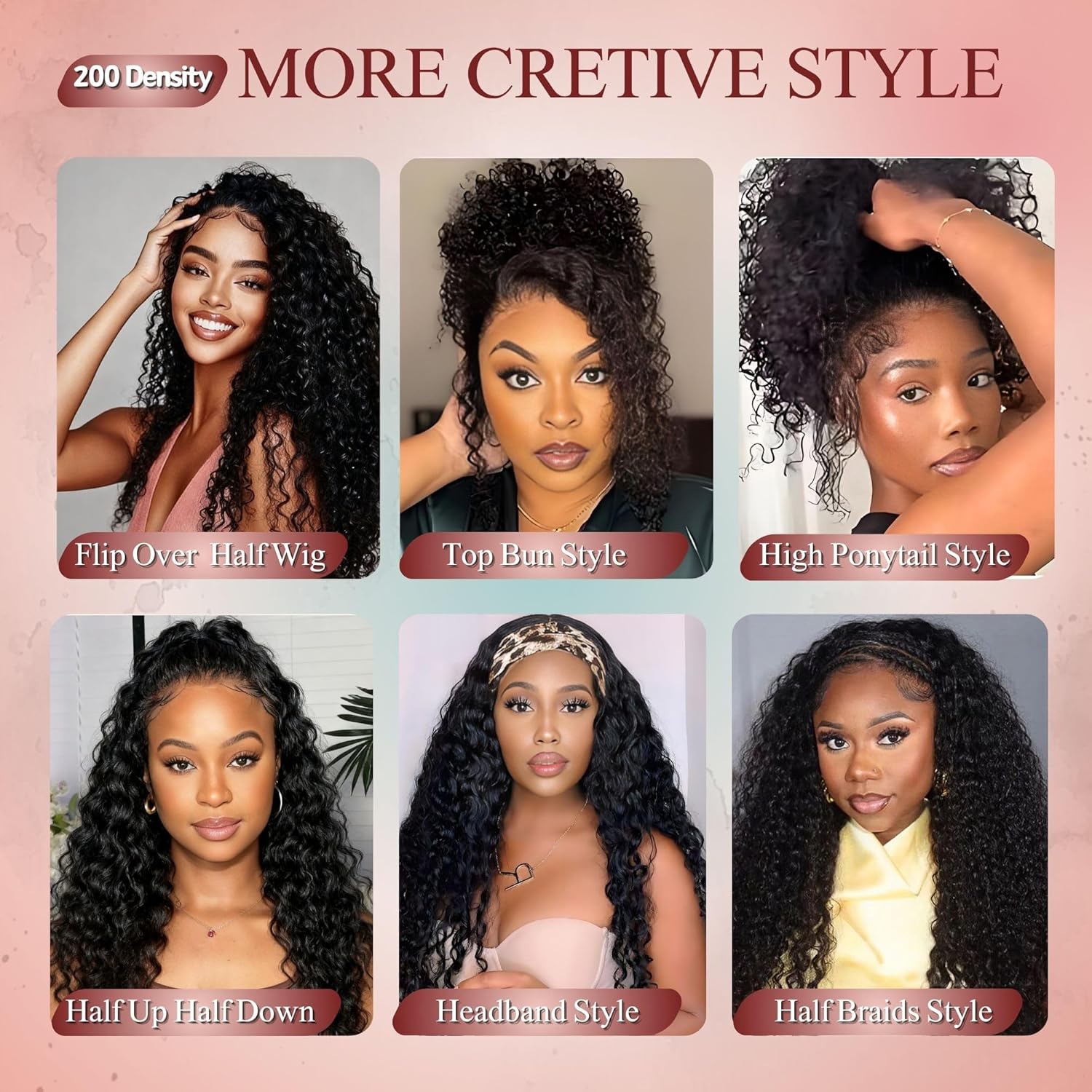 Detalle de Pinketer Deep Wave Half Wig Human Hair 20inch | Glueless 3-in-1 Drawstring Half Wig for Beginner-Friendly, Natural Color