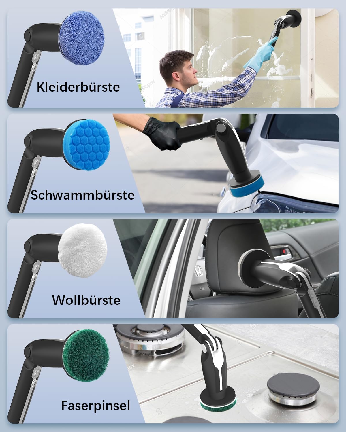 Detalle de Leebein Elektrische Reinigungsbürste YMG-820 – 8 Bürstenköpfe, 2 Geschwindigkeiten, verlängerbarer Griff
