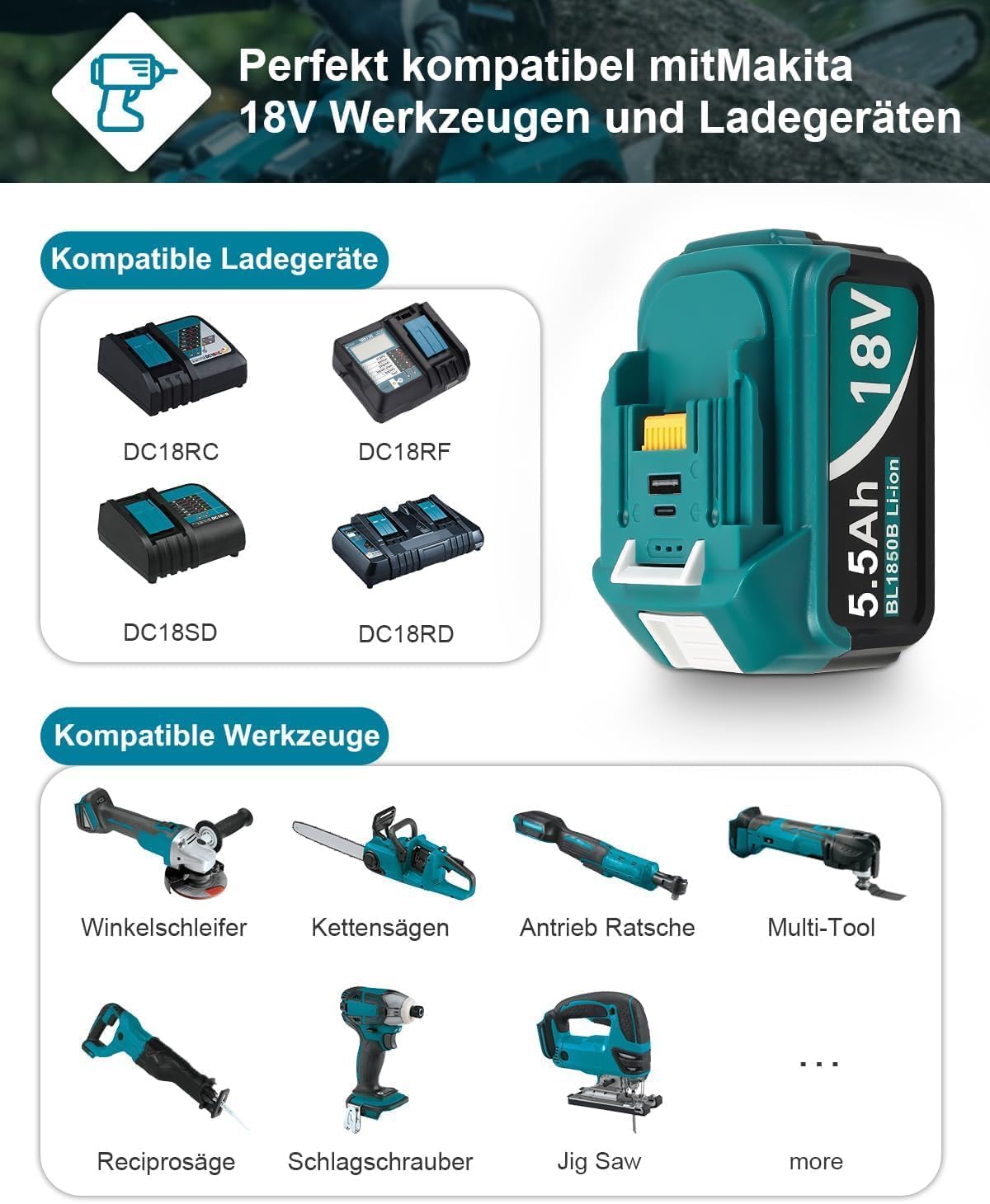 Thumbnail 2 de DC18RD Ladegerät mit 2×5500mAh Ersatzakkus für Makita 18V – kompatibel mit BL1815, BL1830, BL1840, BL1850, BL1860, BL1890, BL1415, BL1430, BL1440