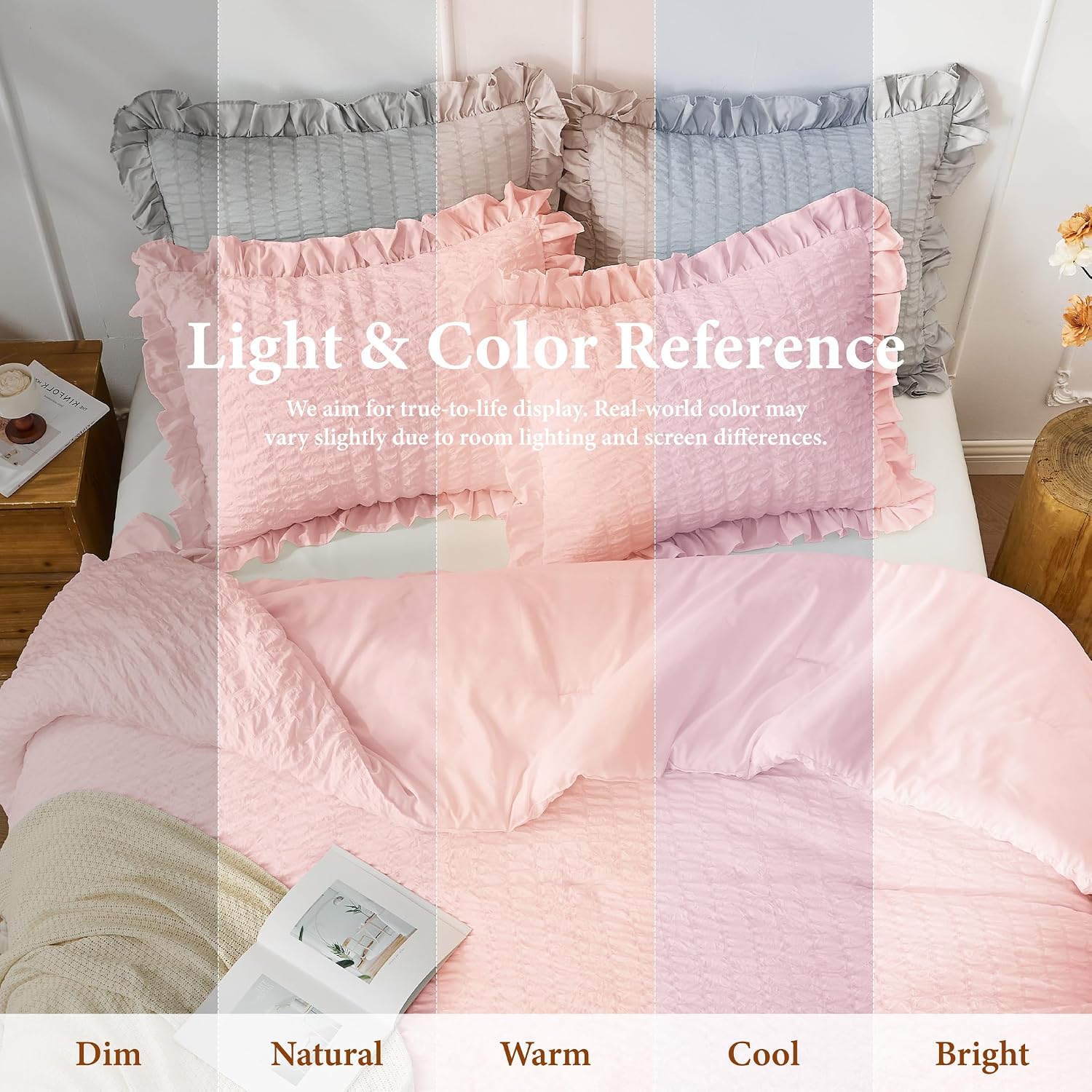 Thumbnail 6 de JOLLYVOGUE Pink Seersucker Queen Comforter Set, 3 Pieces – Lightweight All-Season With Ruffle Details
