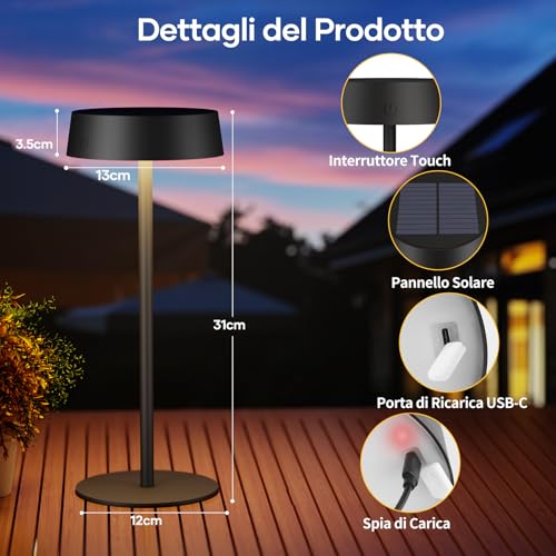 Detalle de Suright Lampada da Tavolo Solare Senza Fili per Uso Interno ed Esterno – design elegante e versatilità