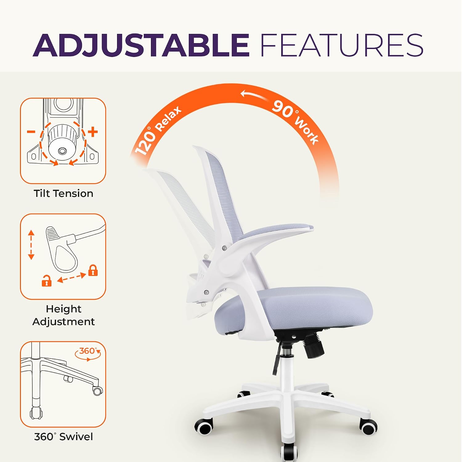 Detalle de NEO CHAIR NEC Office Desk Chair, Purple Mesh, Flip-Up Arms, Lumbar Support