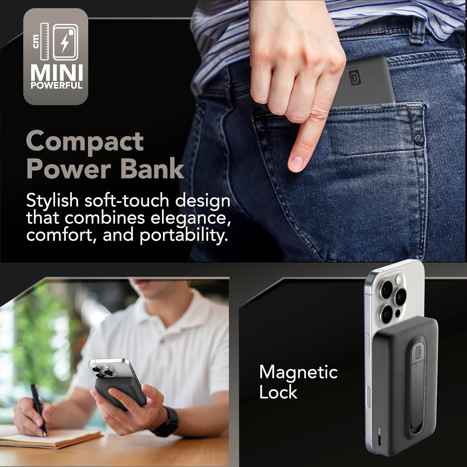 Detalle de Power Bank Cellularline 5.000 mAh Qi2 15W con Stand Integrato e USB-C 20W – Soft-Touch Nero