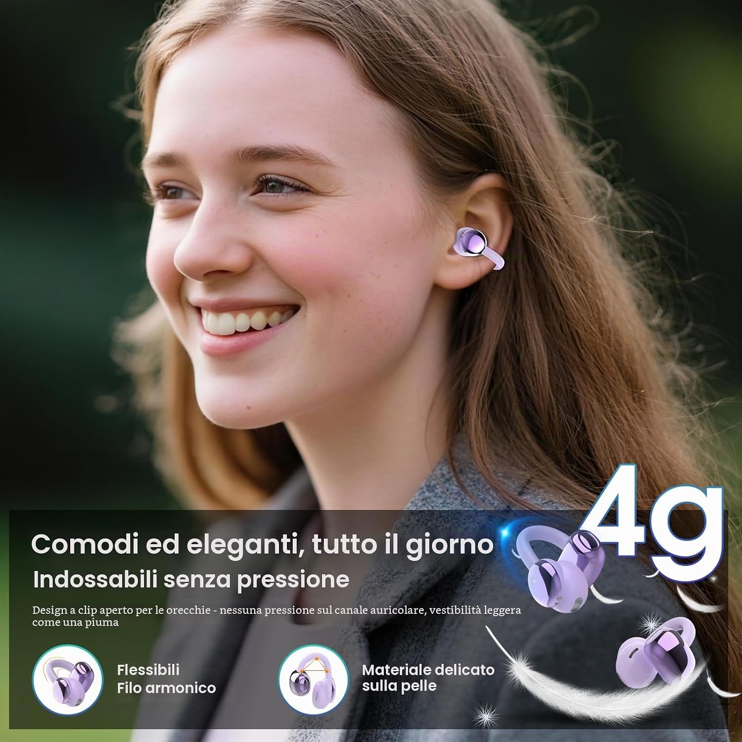 Detalle de Cuffie Bluetooth 5.4 con Conduzione Ossea Open Ear e Clip-On: Comfort, Resistenza IPX7 e Display LED