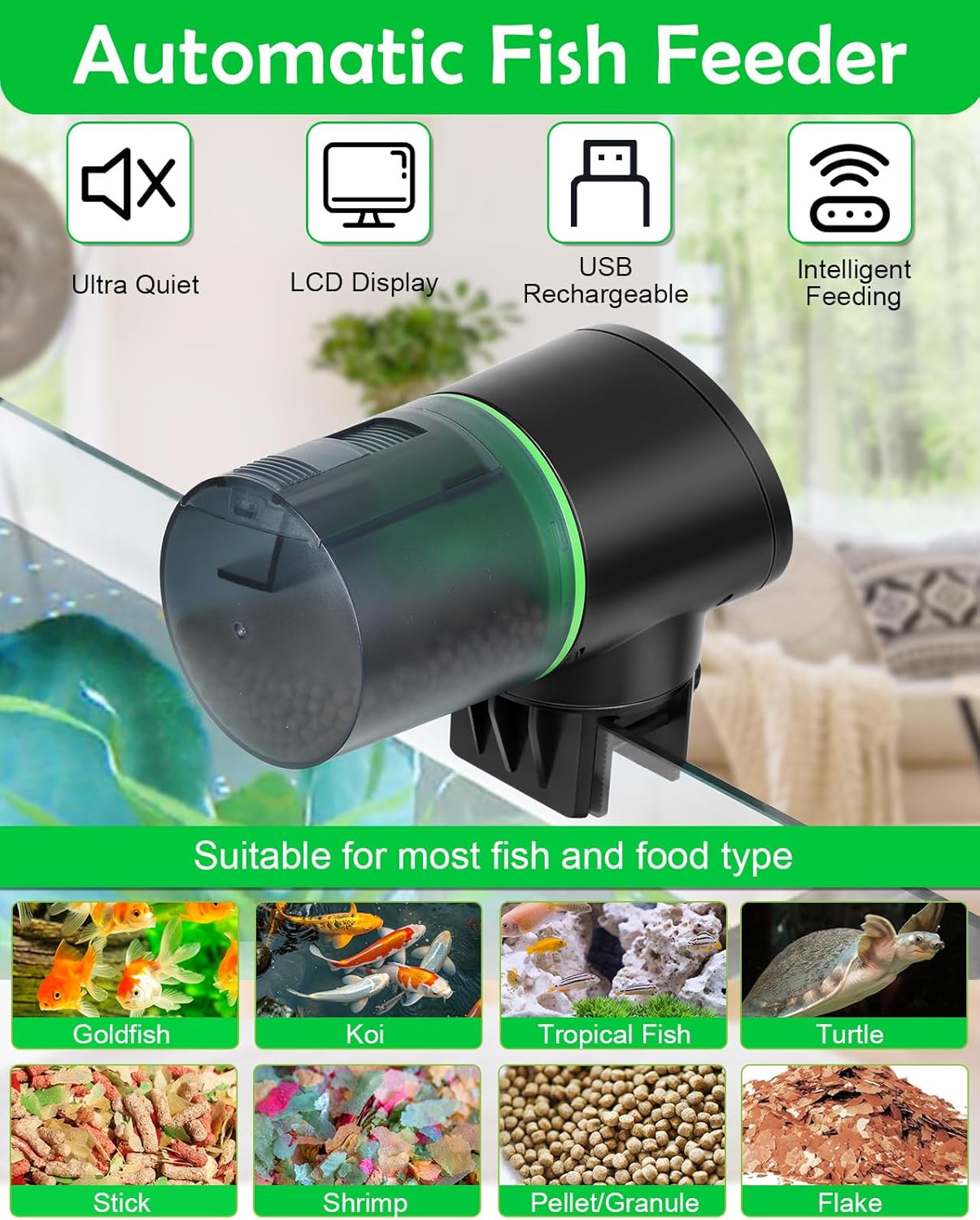 Detalle de Petbank Automatic Aquarium Feeder – Auto Fish Food Dispenser (Rechargeable, USB)