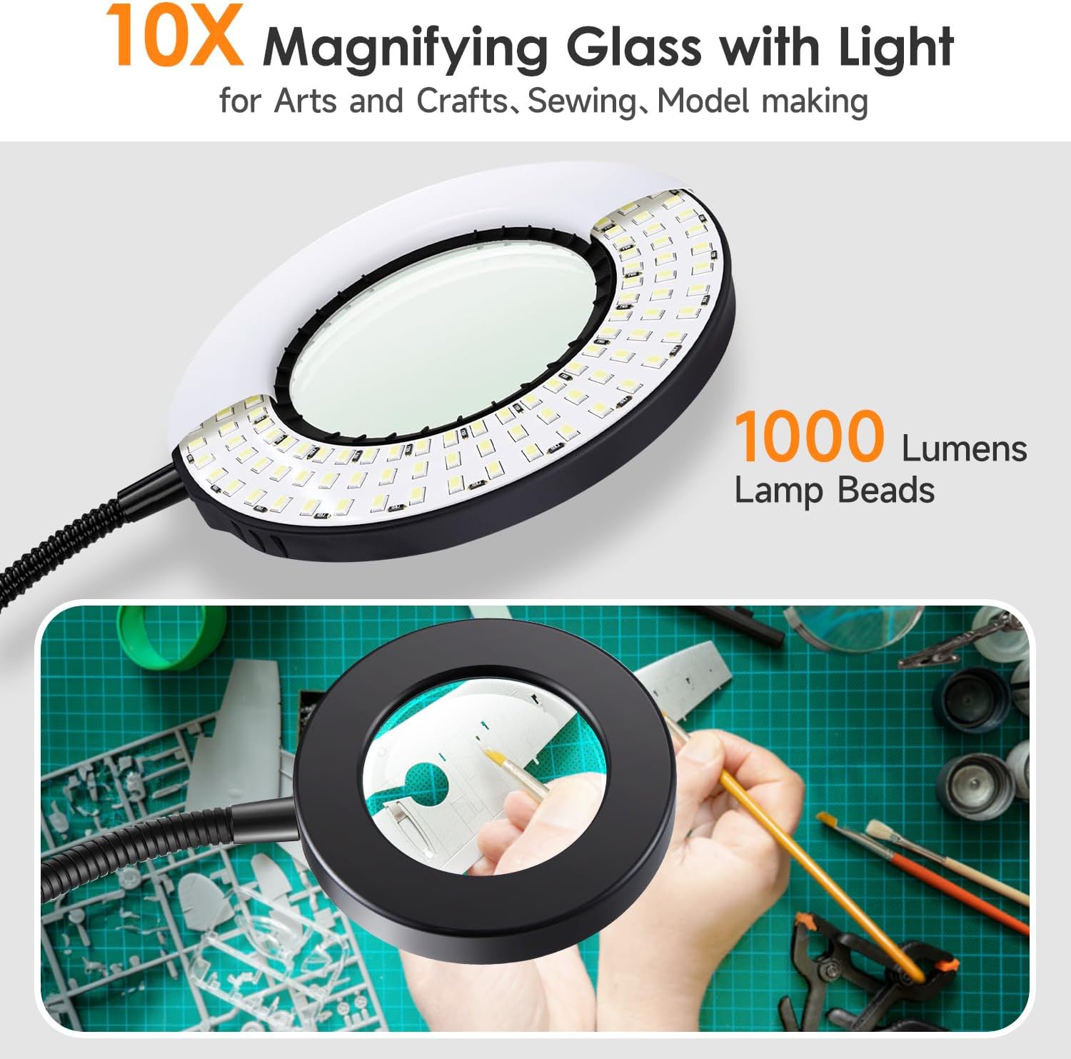 Thumbnail 1 de PIKOY Magnifying Glass with Light 10X – 9W 48 LED Clip Magnifier Lamp (3 Modes, 10 Dimmable Levels)