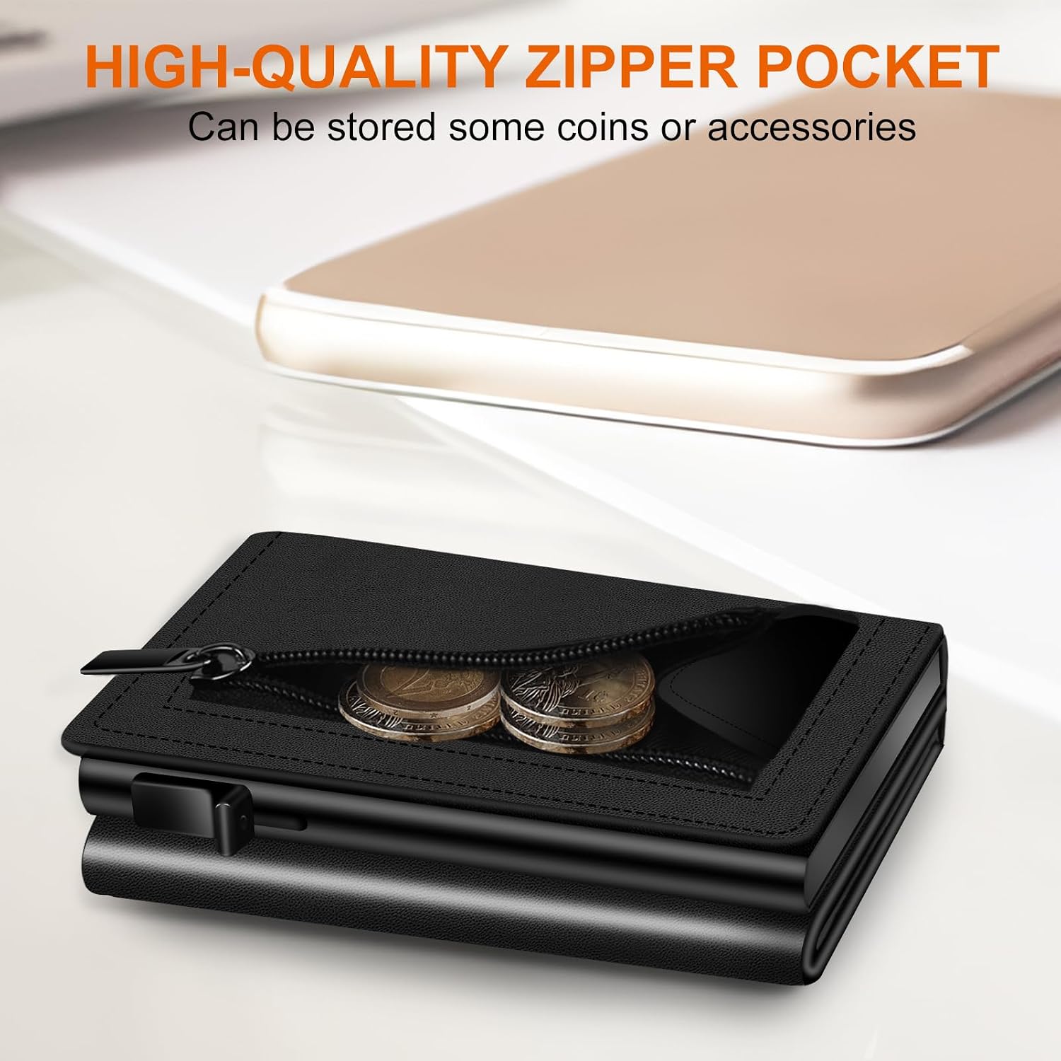 Detalle 2 de Men’s Wallet Credit Card Holder with Pop-up Card Case, RFID Blocking & Coin Pocket (Top Grain Leather + 6063 T5 Aluminium)