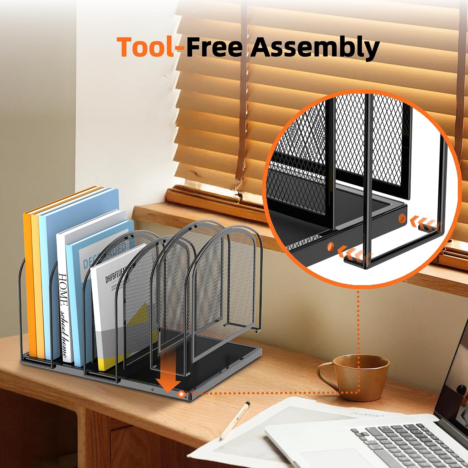 Detalle de SUPEASY 5-Section Vertical File Organizer, Black Mesh with Reinforced Steel Base