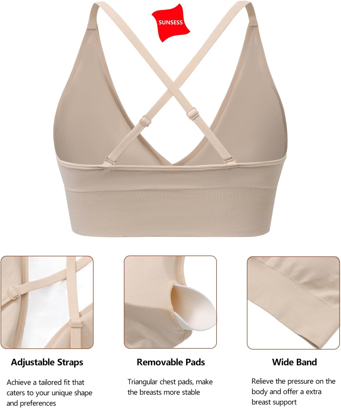 Detalle de SUNSESS Seamless Deep V non-wired sports bra with removable pads – yoga crop top bralette