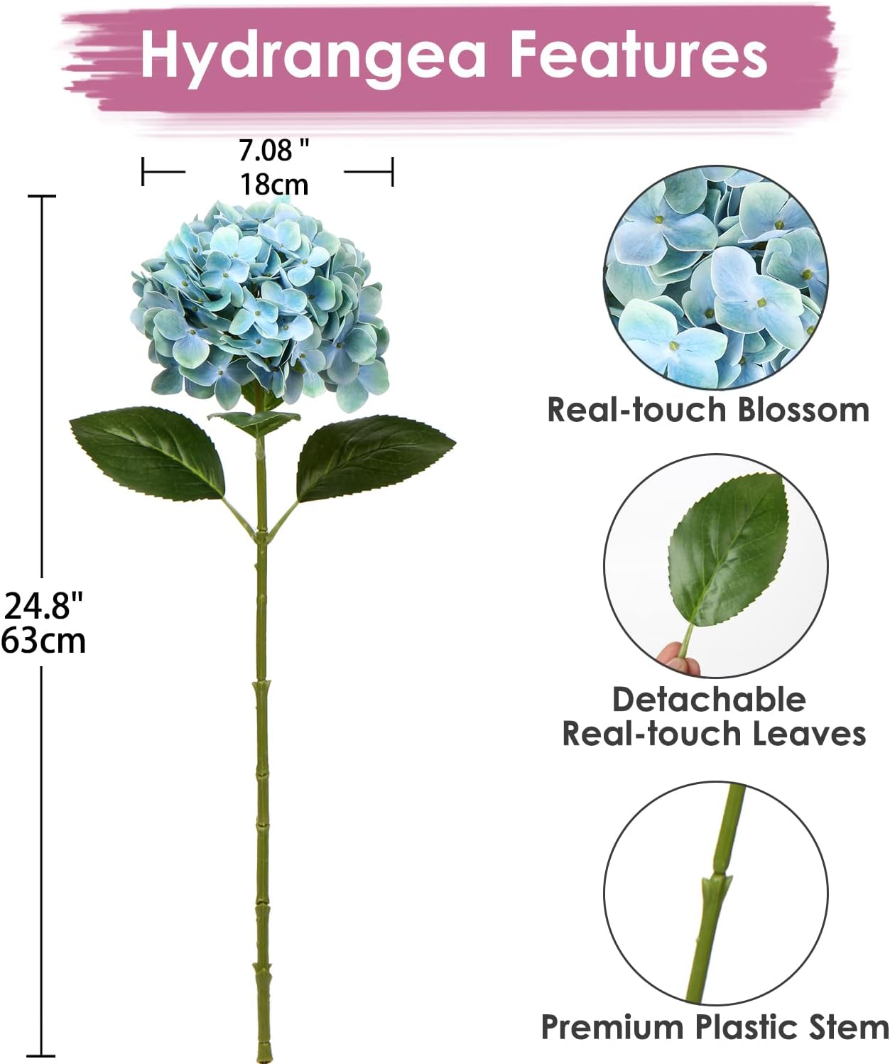 Thumbnail 1 de Oairse 3 Stück künstliche Hortensienblüten – Real-Touch 3D-Druck, Ø ca. 18–19 cm, Gesamtlänge ca. 63 cm