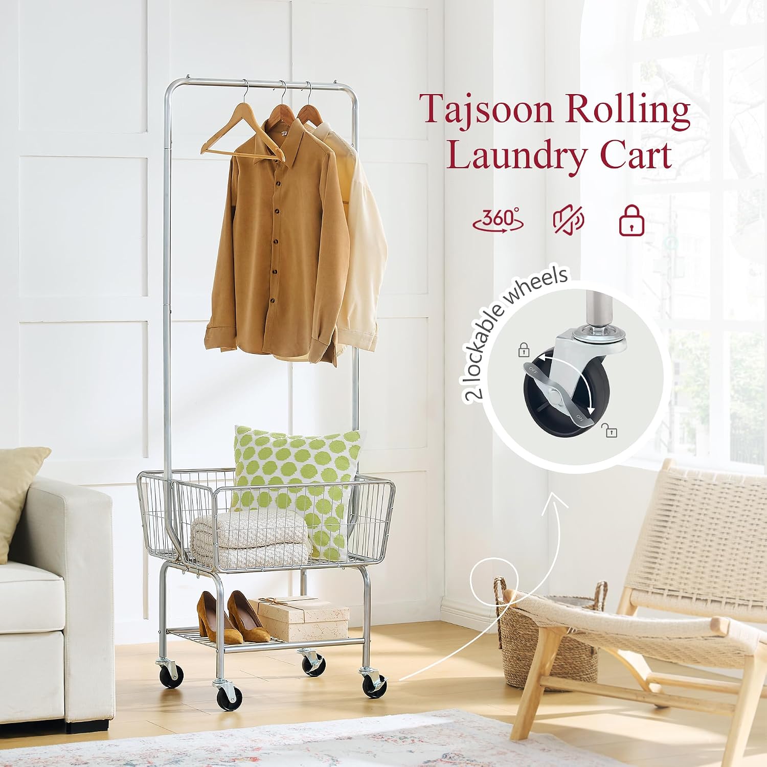 Thumbnail 4 de Tajsoon Laundry Cart with Clothes Rack (Chrome) – mobile laundry hamper with hanging rail and lockable wheels