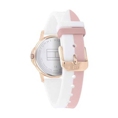 Detalle de Tommy Hilfiger Montre Fille avec Cadran Argenté, Bracelet Silicone Blanc et Rose, Boîtier Or Rose 32 mm