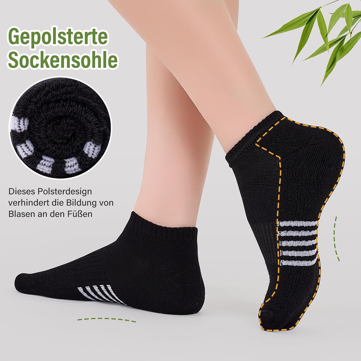 Detalle 2 de Effeet Bambus Sneaker Socken Damen – 6 oder 12 Paar, atmungsaktiv, gepolstert, kurze Laufsocken