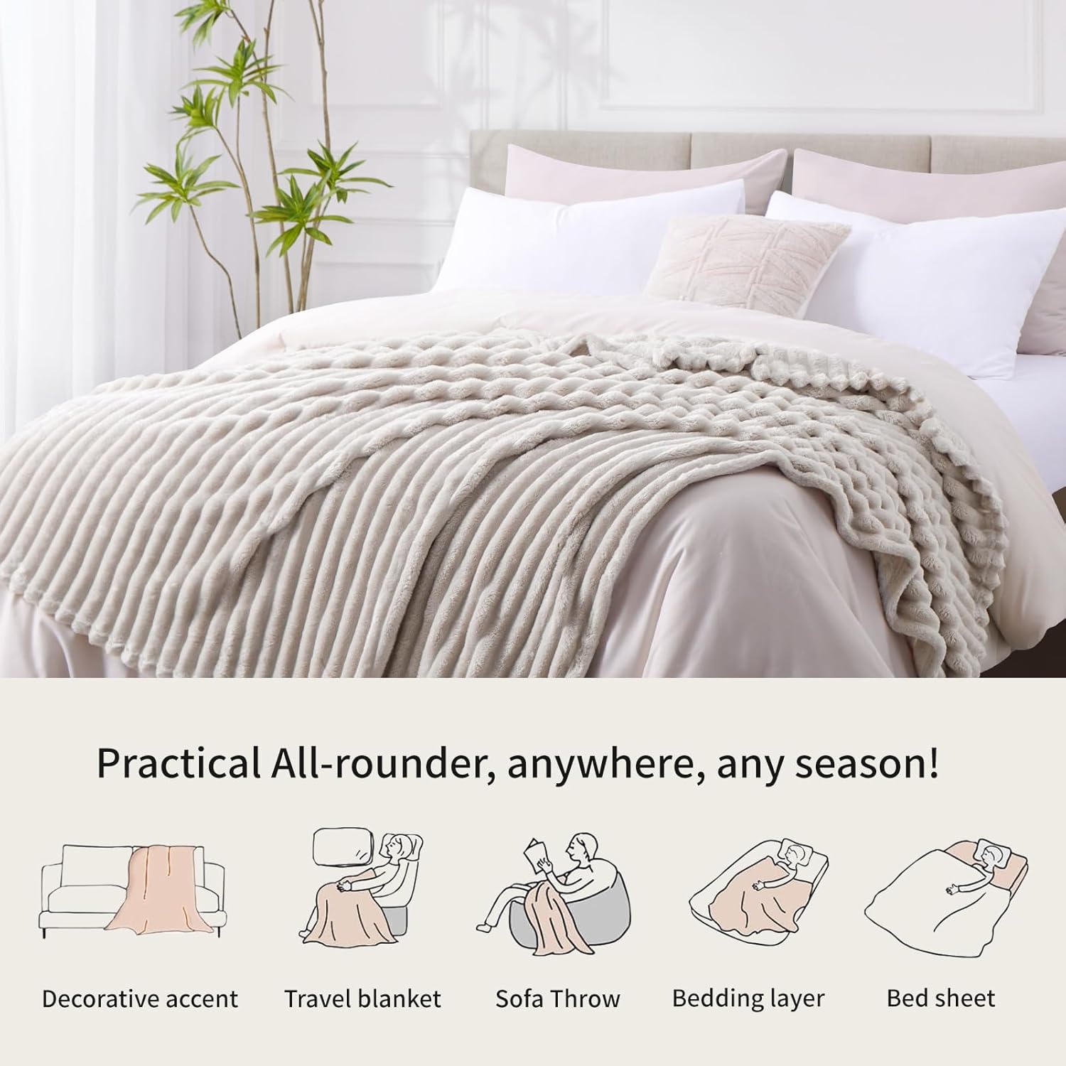 Thumbnail 6 de RUIKASI Fleece Throw Blanket for Sofa – Beige, 130x150cm, Soft 300gsm with 3D Ribbed Design