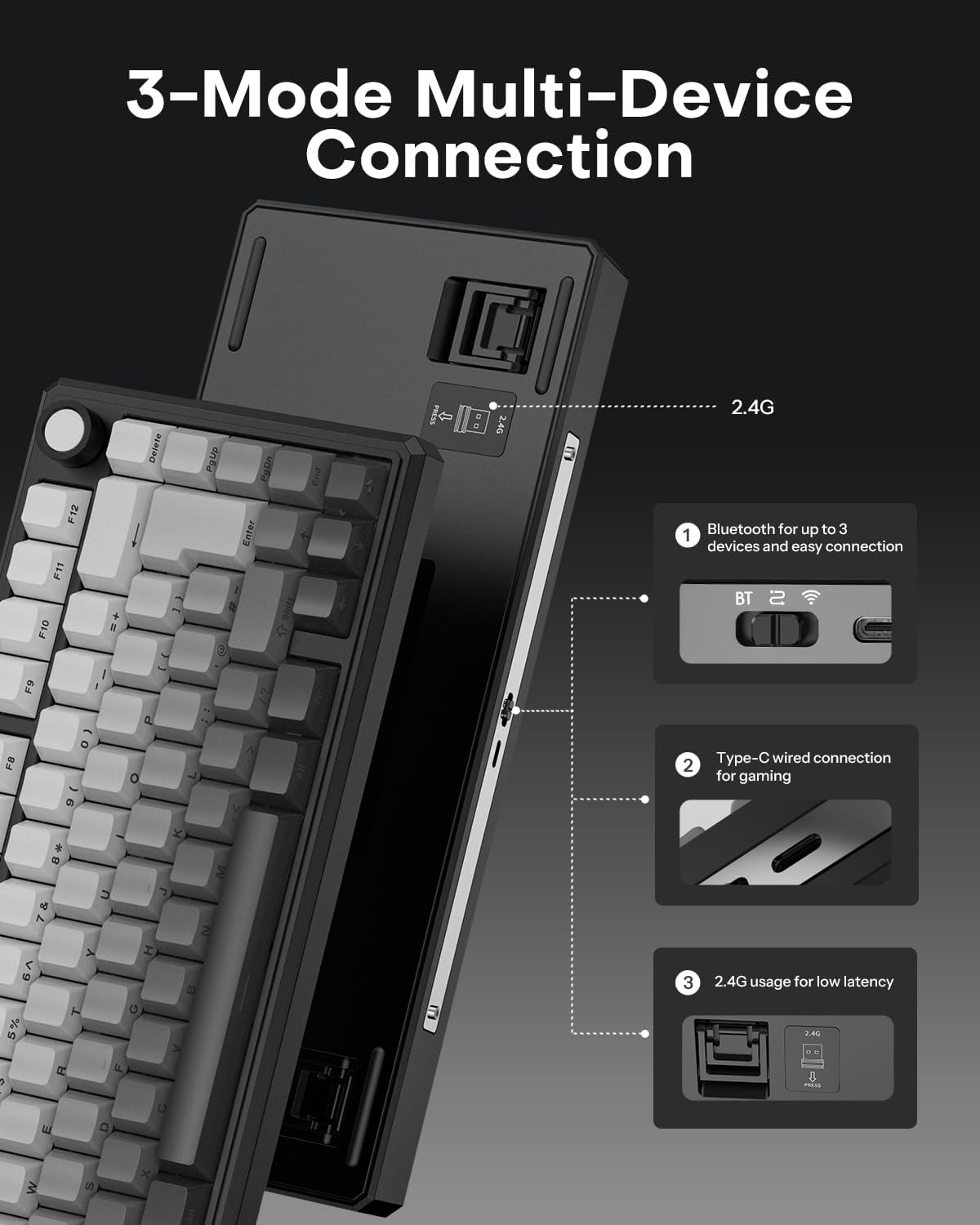 Detalle de OMOTON Mechanical Keyboard Gaming 75% ISO-UK: Tri-Mode Wireless, Hot Swap Gasket Mount, 4000mAh Battery