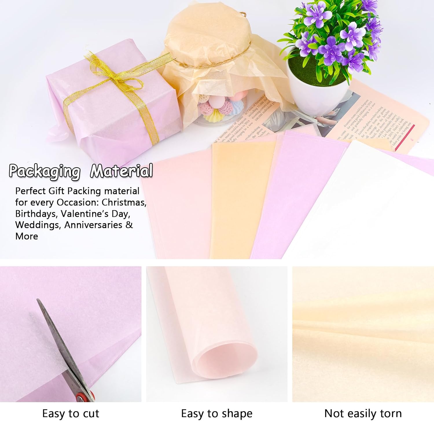 Detalle de Metallic Seidenpapier Set 120 Blatt 29,8 × 20,4 cm – Rosa, Weiß, Champagnerpulver, Violett