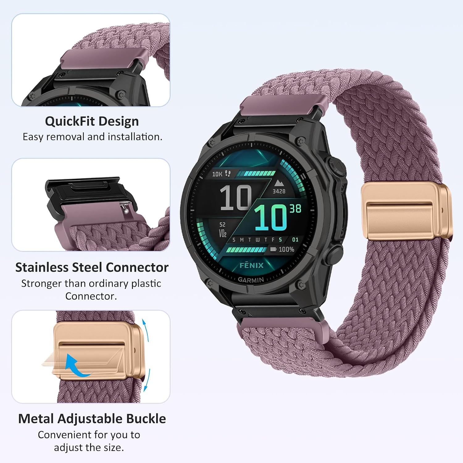Detalle de RosMank 20mm Quickfit Braided Nylon Watch Band for Garmin & More