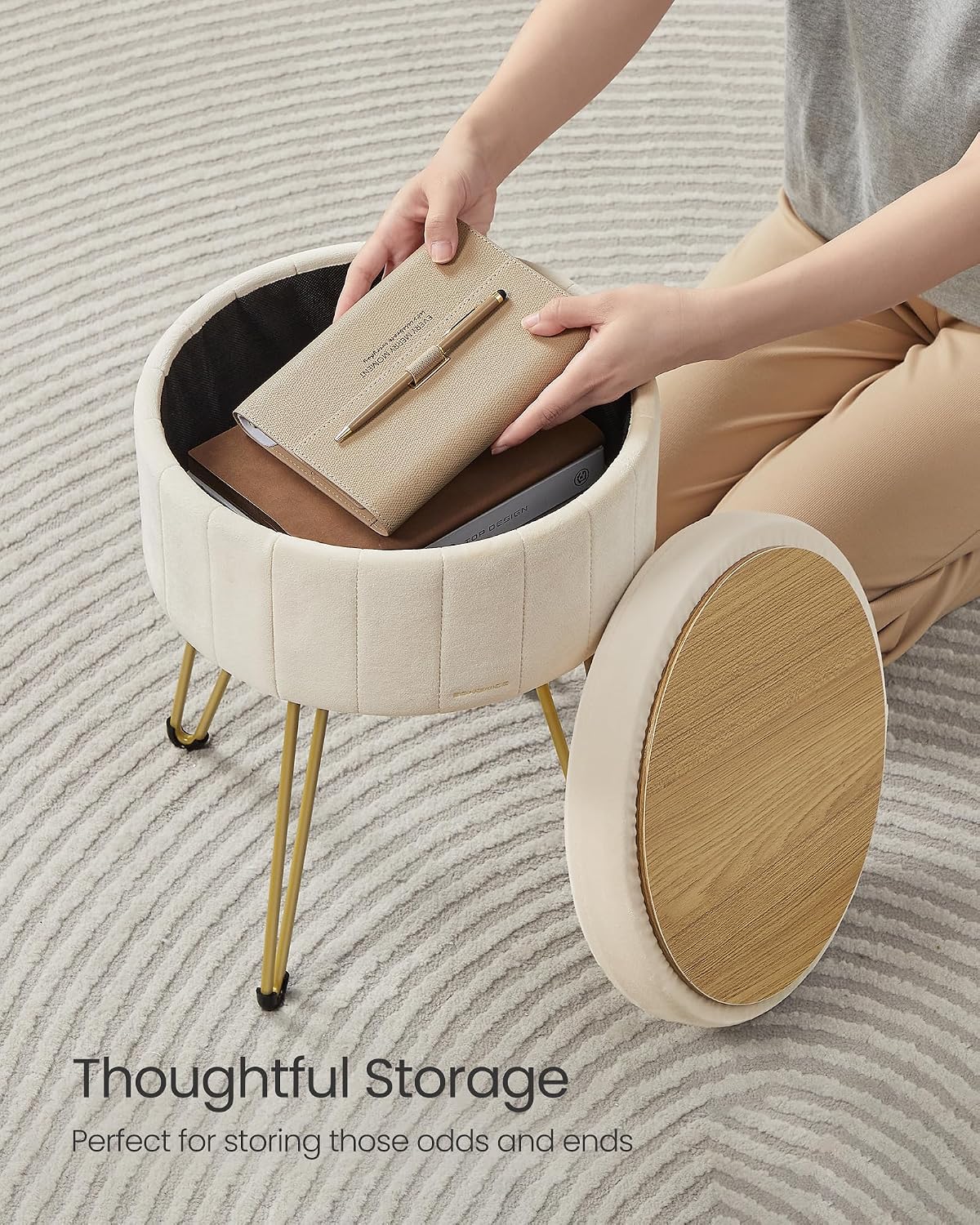 Detalle de SONGMICS Velvet Storage Ottoman Dressing Table Stool 39 x 44.4 cm, Cream White (LOM003W51)