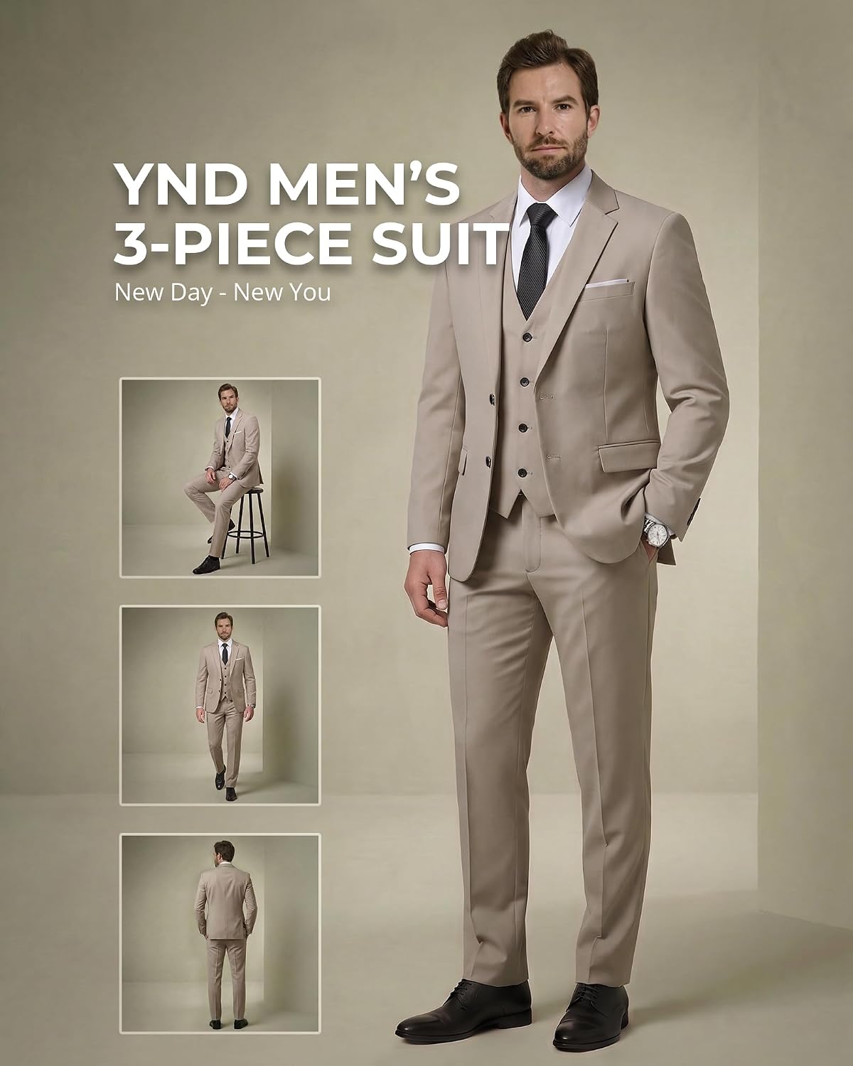 Thumbnail 1 de YND Men's 3 Piece Suit Set with Tie — Slim Fit, 2-Button Blazer, Vest & Pants in 29 Colors