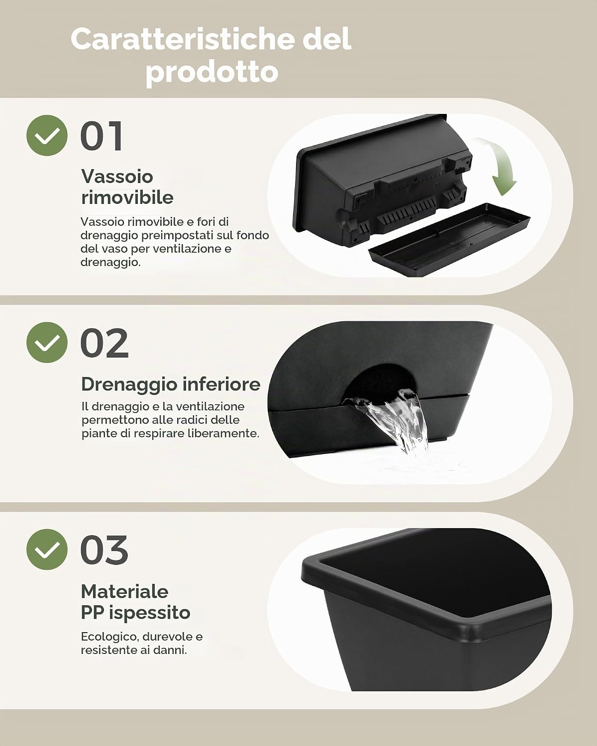 Detalle de Bamworld Set di 7 Fioriere da Finestra Rettangolari 42 cm con Foro di Drenaggio e Sottovaso