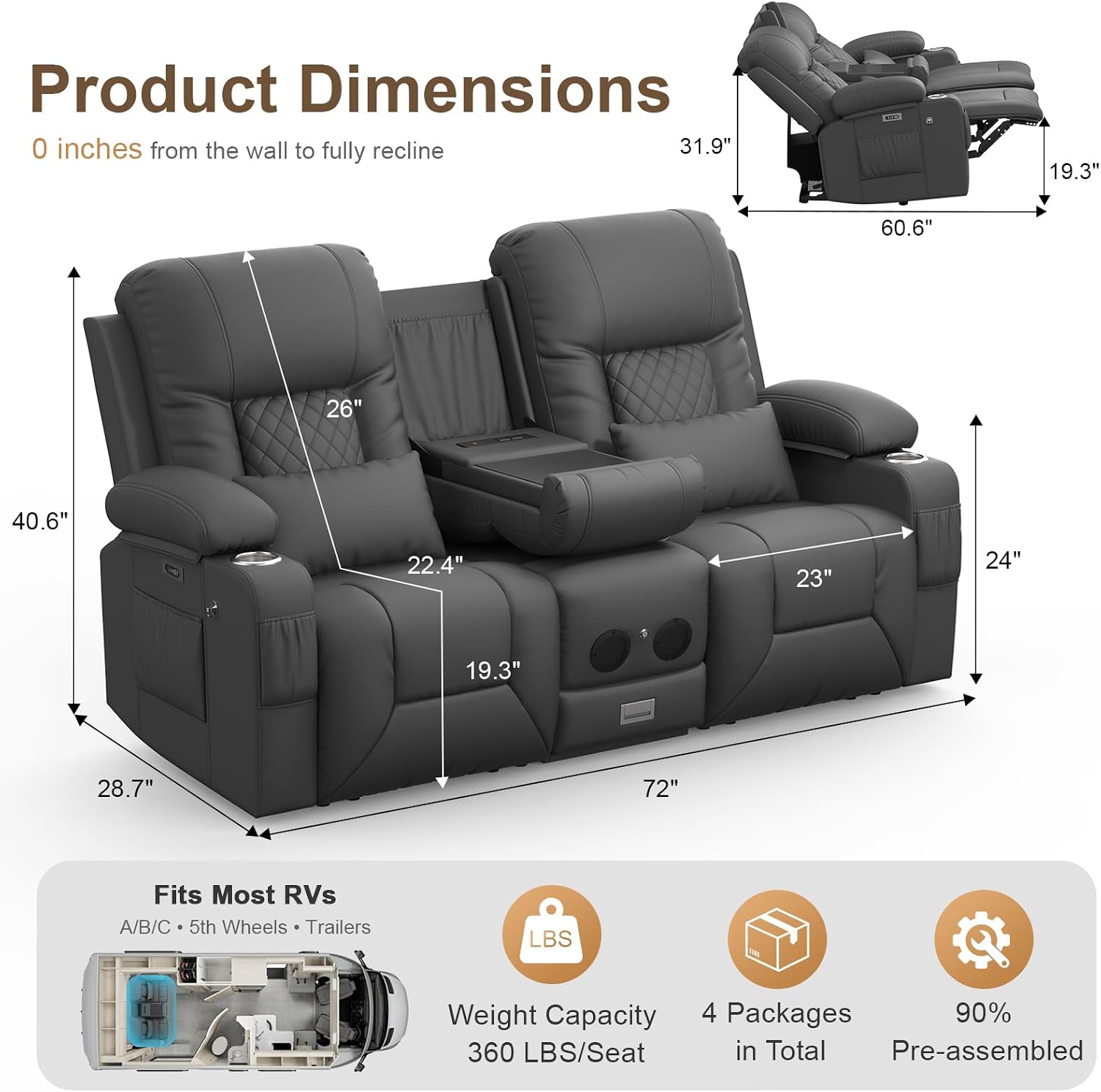 Thumbnail 1 de MOSGAT 166-MO-RC Power Reclining Loveseat with USB Ports and Cup Holders