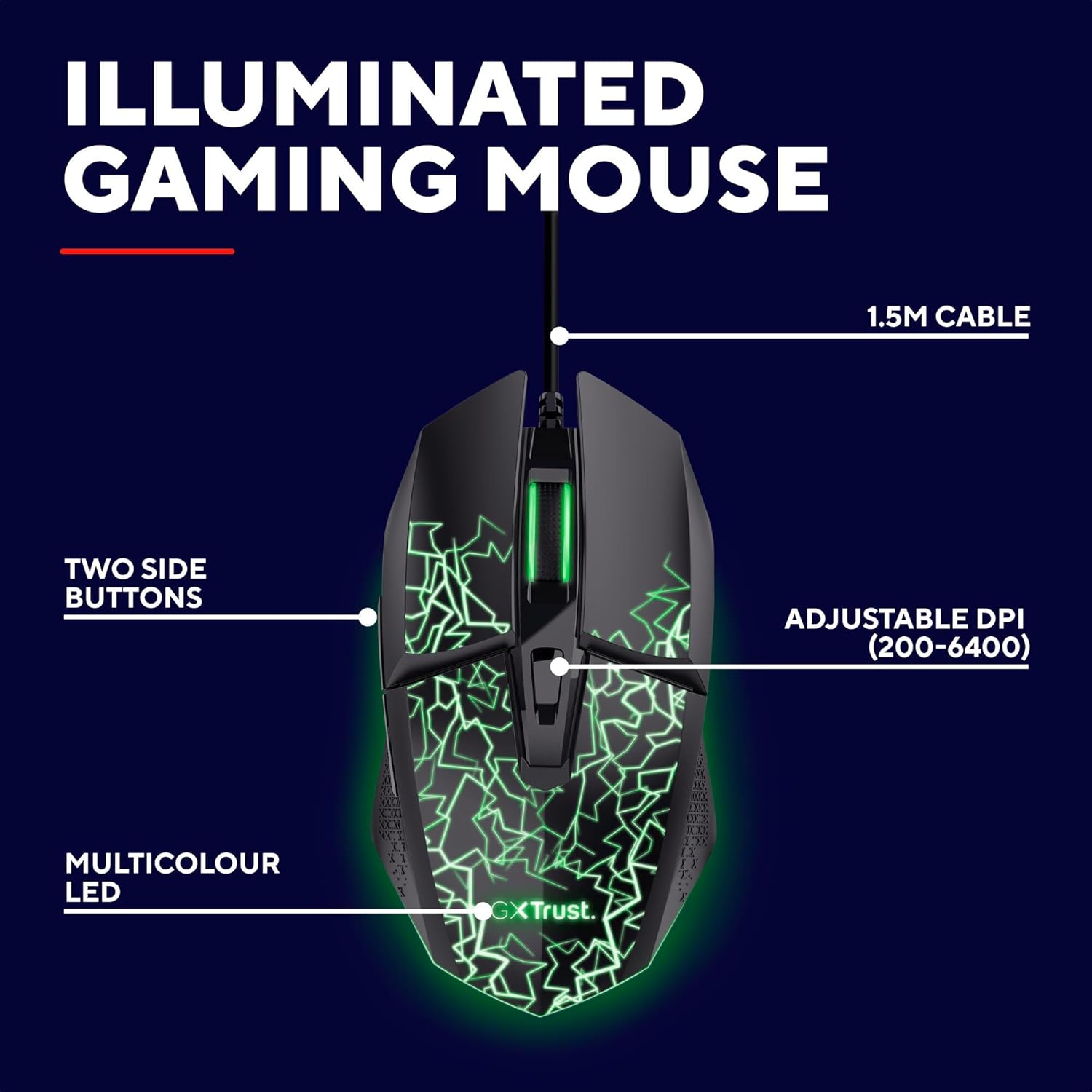 Detalle de GXTrust 1113 Vylax: mouse gaming USB con LED multicolore, DPI 200–6400 e 6 pulsanti programmabili